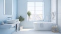 Interior of modern luxury scandi bathroom with window and white walls. Free standing bath, two bowl-shape wash basins Royalty Free Stock Photo