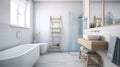 Interior of modern luxury scandi bathroom with window and white walls. Free standing bathtub, shower cabin, wash basin Royalty Free Stock Photo