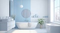 Interior of modern luxury scandi bathroom with window and white walls. Free standing bathtub, two wash basins on Royalty Free Stock Photo