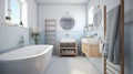 Interior of modern luxury scandi bathroom with window and white walls. Free standing bathtub, two wash basins on wooden Royalty Free Stock Photo