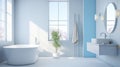 Interior of modern luxury scandi bathroom with windows and white walls. Free standing bathtub, bowl-shape wash basin Royalty Free Stock Photo