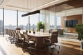 Interior of modern meeting room with panoramic city view