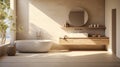 The interior of a modern minimalist bathroom in a luxurious cottage , apartment , house , villa . Bright walls, a Royalty Free Stock Photo