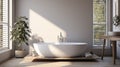Interior of modern minimalist bathroom in luxury cottage or apartment. White walls, freestanding bathtub, wooden