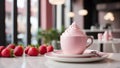 Coffee table with a cup of freshly brewed coffee and pink whipped cream located in the coffee shop