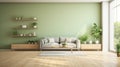 Interior of modern minimalist living room. Pistachio wall with shelves, hardwood floor, grey sofa, wooden coffee table