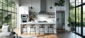 Interior of modern minimalist white kitchen. Flat glossy facades, kitchen island with bar stools, built-in home Royalty Free Stock Photo