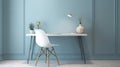 Interior of modern office with blue walls, wooden floor, white table and white chair. Minimalistic style.