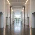 Sleek Modern Office Building Interior with Polished Floors and Linear Lighting lobby Royalty Free Stock Photo