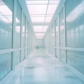 Interior of modern office building, wide corridor with glass walls Royalty Free Stock Photo