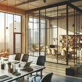 Interior of modern office with city view, furniture and daylight. 3D Rendering Royalty Free Stock Photo