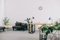 interior of modern office with furniture, plants and clock