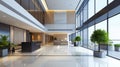 Interior of modern office hallway with clean marble floor and green plants, inside luxury lobby of commercial building. Concept of Royalty Free Stock Photo