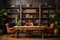 Interior of modern office, living room with gray walls, wooden floor, computer table and bookcase with folders Royalty Free Stock Photo