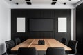 Interior of modern office meeting room black and white with wooden furniture conference table with black chairs and mock up Made Royalty Free Stock Photo