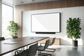 Interior of modern office meeting room black and white with wooden furniture conference table with black chairs and mock up Made Royalty Free Stock Photo