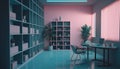 Interior of modern office with pink walls, blue floor, rows of computer tables and shelves with folders. 3d rendering