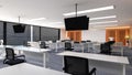 Interior of modern office training room with large curved monitor screen for presentation and ceiling TV monitors, 3D rendering