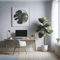 Interior of modern office with white walls, tiled floor, comfortable computer desk with black armchair and plants. Royalty Free Stock Photo