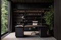 Interior of modern office with wooden walls, concrete floor, black computer table and bookcase with folders. 3d rendering, A home Royalty Free Stock Photo