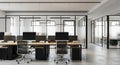 Contemporary Open- Plan Office Interior with Desks, Chairs, and Glass Partitions workspace Royalty Free Stock Photo