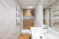 Interior of modern refurbished bathroom with shower and wooden finishing Royalty Free Stock Photo