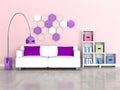 Interior of the modern room, pink wall, white sofa