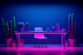 Interior of modern room with table and many cactuses with blue and pink neon colors Royalty Free Stock Photo