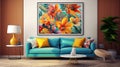 Interior of modern scandi colorful living room. Decorative wall with bright poster, trendy couch with cushions, coffee Royalty Free Stock Photo