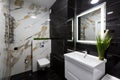 Interior of a modern small bathroom with white and black marble tiles