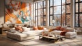 Interior of modern spacious bright studio apartment. Living area with comfortable sofa and large abstract painting on Royalty Free Stock Photo