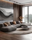 Interior of modern spacious living room in luxury apartment. Modular corner sofa, round coffee table, abstract painting Royalty Free Stock Photo