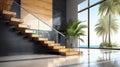 Interior of modern staircase design, elegant L shape wood cantilever stairs, granite base. Ai generated Royalty Free Stock Photo