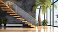 Interior of modern staircase design, elegant L shape wood cantilever stairs, granite base. Ai generated Royalty Free Stock Photo