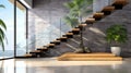 Interior of modern staircase design, elegant L shape wood cantilever stairs, granite base. Ai generated Royalty Free Stock Photo