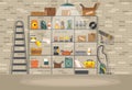 Interior of modern storeroom with metal shelves, storage, boxes, stair. Brick wall background with household instruments