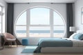 Interior of modern style bedroom with large bed and sea view. Summer holiday at luxury resort. AI Generated Royalty Free Stock Photo