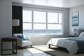 Interior of modern style bedroom with large bed and sea view. Summer holiday at luxury resort. AI Generated Royalty Free Stock Photo