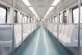 Interior of a modern subway car with white seats. Empty train carriage