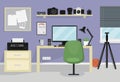 Interior of modern teenager room. Workspace for photographer. Flat vector illustration