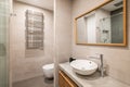 Interior of modern tiled bathroom with white toilet, radiator and shower in reflection of wooden framed mirror.