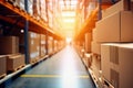 Interior of a modern warehouse. Large space for storing and moving goods. Logistics. Blurred background. The sun\'s rays fall Royalty Free Stock Photo