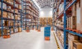 Interior of a modern warehouse where automated goods transport vehicles work