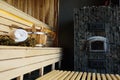 Interior of modern wooden finnish sauna. Royalty Free Stock Photo