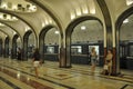 An interior of Moscow metro station. Ornamental ceiling, marble floors.