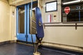 Interior Moscow metro train, inside view. Place for placing the disabled.