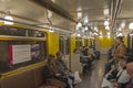 Interior of Moscow subway carriage. Royalty Free Stock Photo