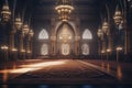 Interior of a mosques prayer hall with a large. Generative ai