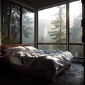 Interior of a mountain chalet hut bedroom. Bed near by panoramic windows. Outside the forest