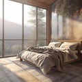 Interior of a mountain chalet hut bedroom. Bed near by panoramic windows. Outside the forest